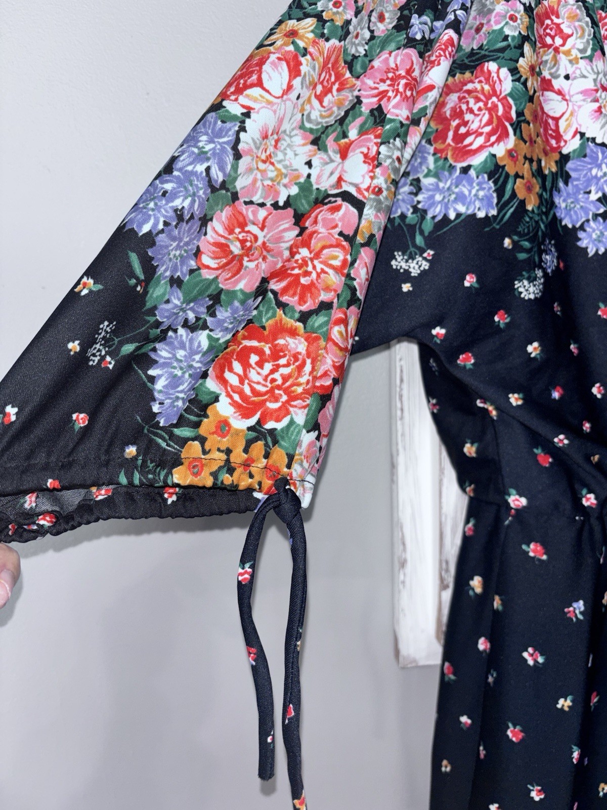 Vintage 70s Ellen Rogers Black Floral Dress Size 14.5 Or Large 3/4 Sleeves