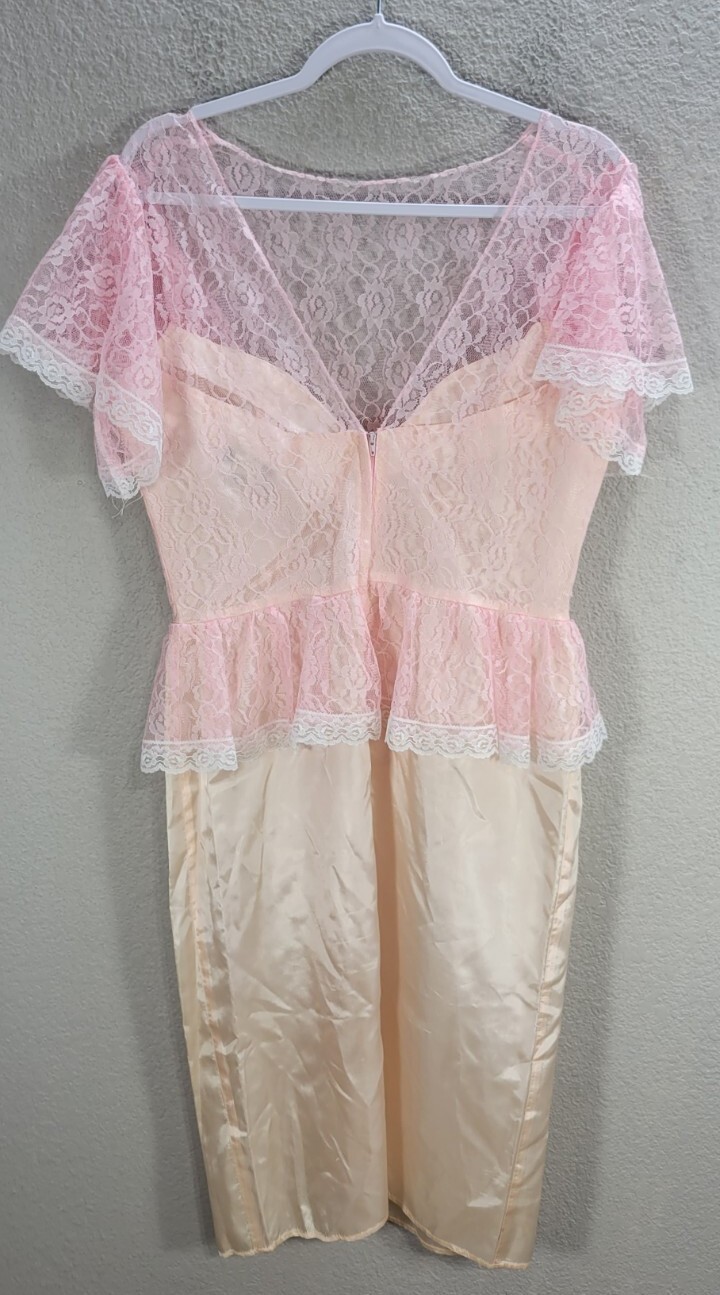 Vtg Totto Barbiecore Bodycon Dress Pastel Pink Lace Overlay Satin Open Back 13