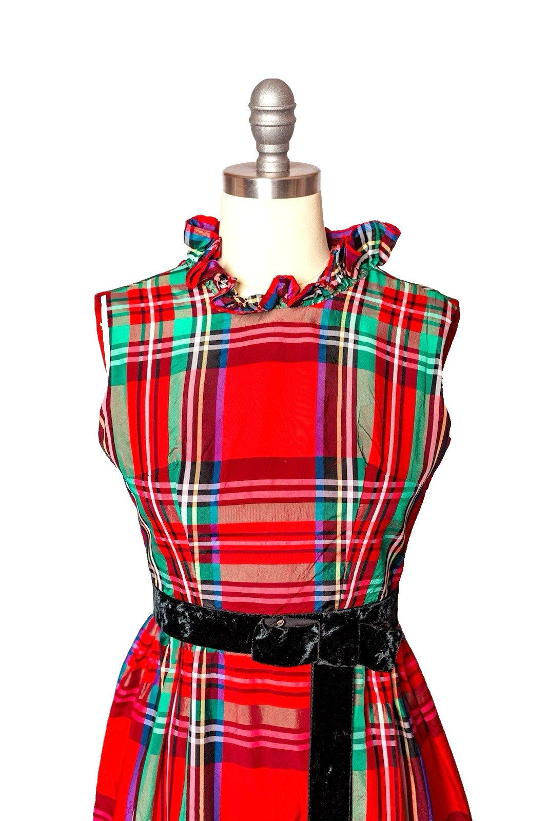Vintage Norman Sacks Long Red Plaid Ruffled Dress Size XS