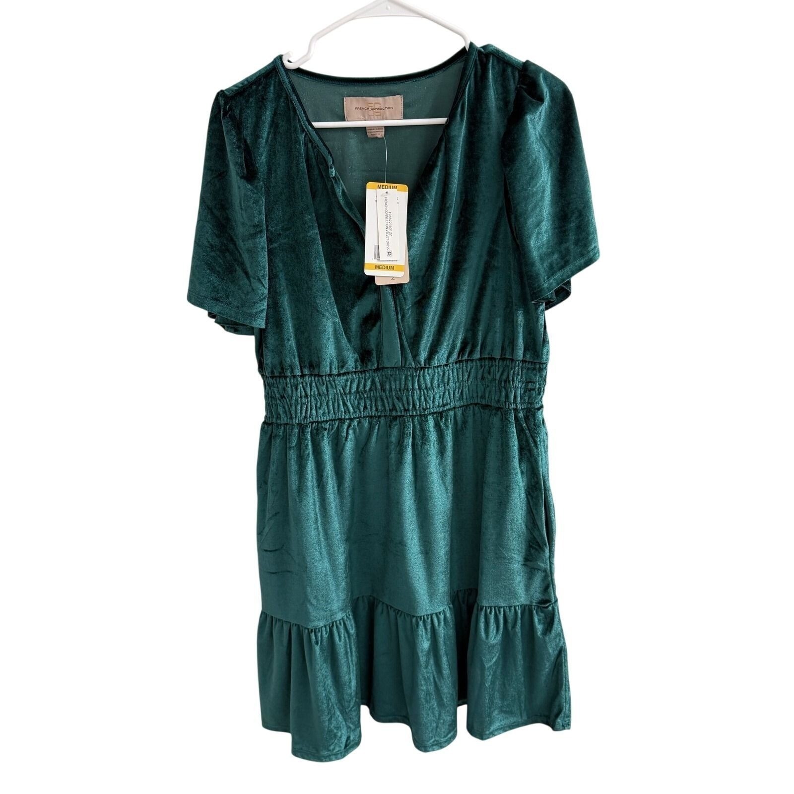 French Connection Emerald Green Velvet Mini Dress Smocked Waist VNeck NWT Medium