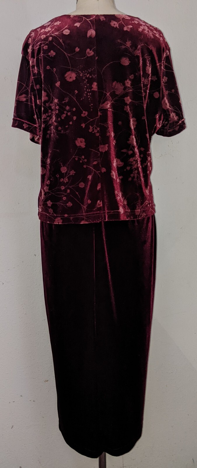 vintage TR BENTLEY red crushed velvet MAXI DRESS floral ATTACHED BLOUSE size 16