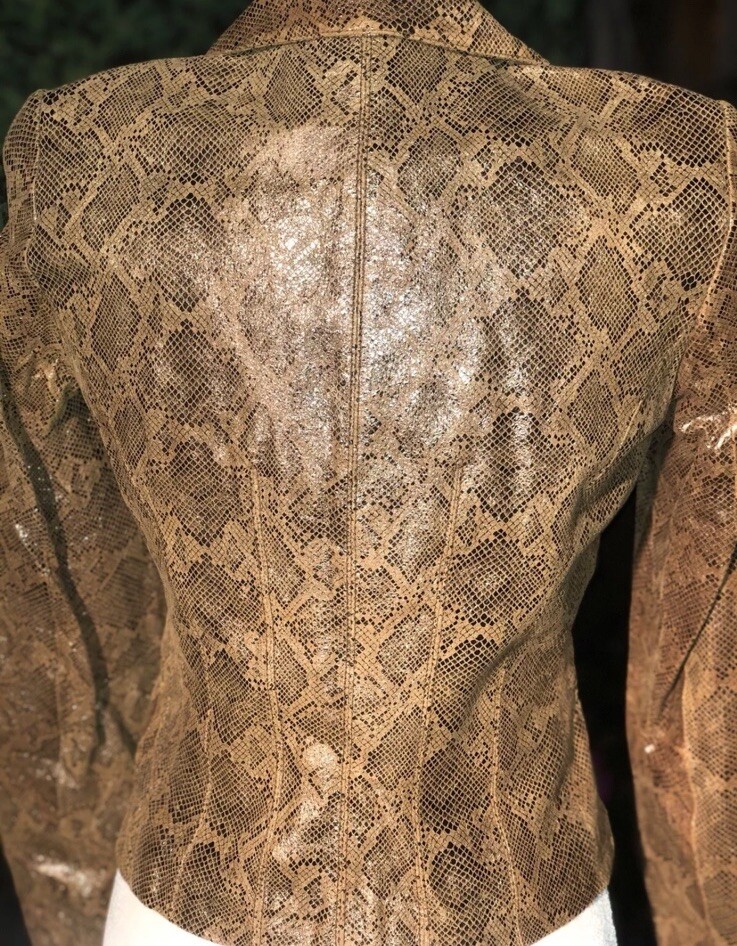 Vtg 90’s Designer Vakko Blazer Leather Jacket Metallic Snake Print Mustard Sz8