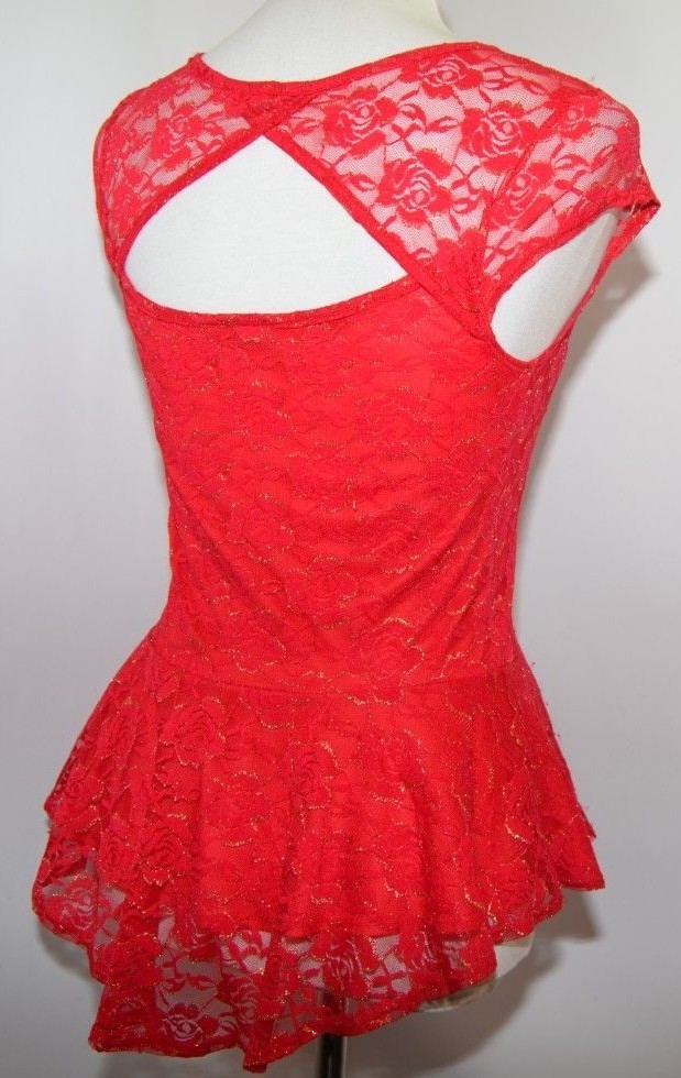VTG IZ Byer Red Floral Glitter Lace Glitter Sheer Fitted Peplum Women S USA Made