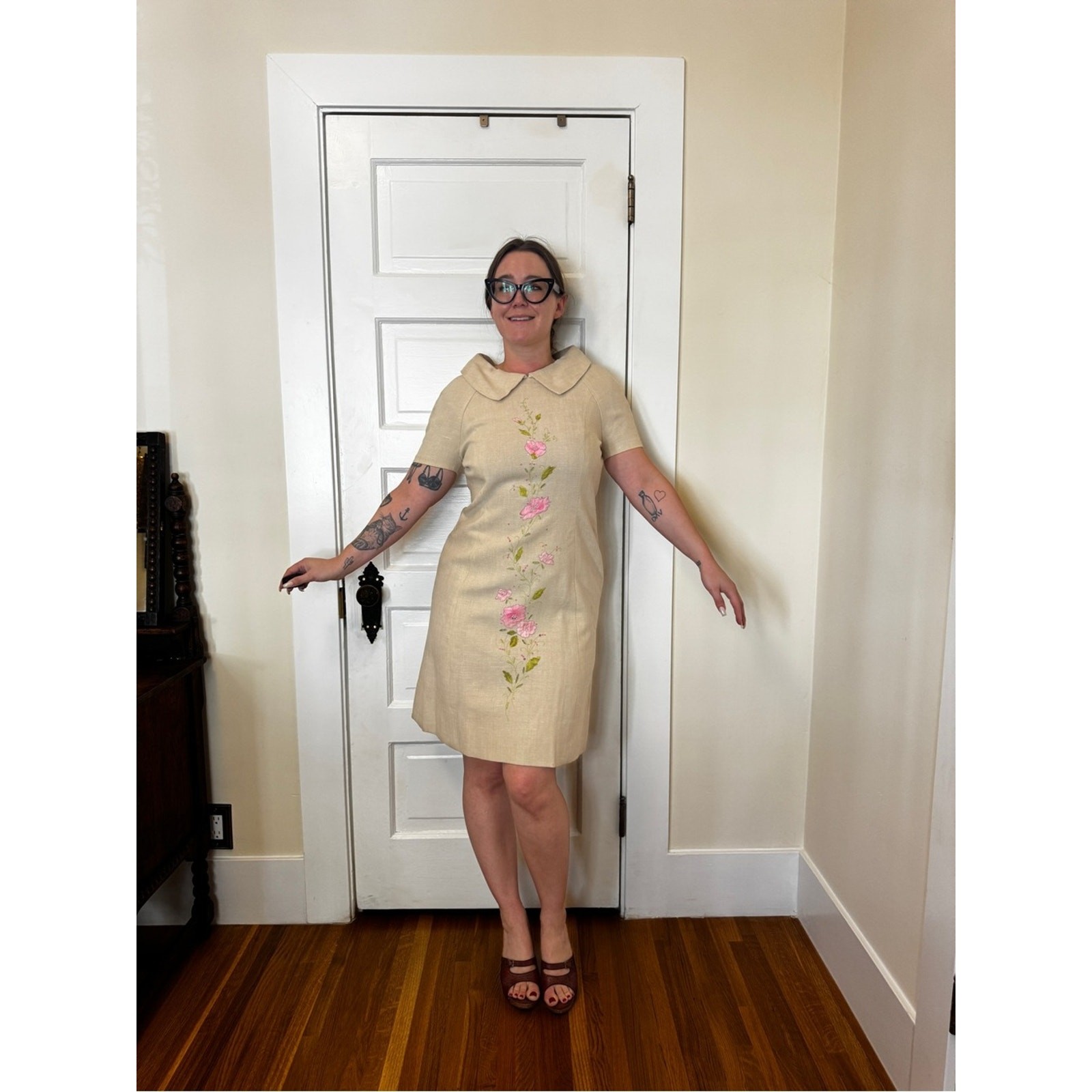 60s Vintage Floral Linen Wiggle Dress
