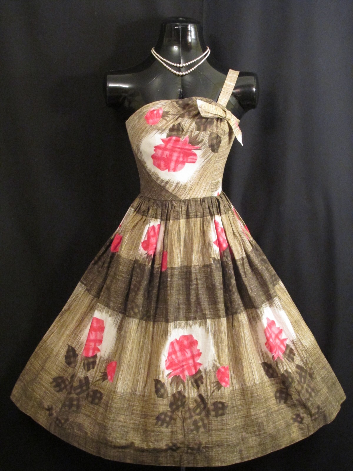 Vintage 1950’s 50s Linzi Olive Pink Floral Print Polished Cotton Party Sun DRESS