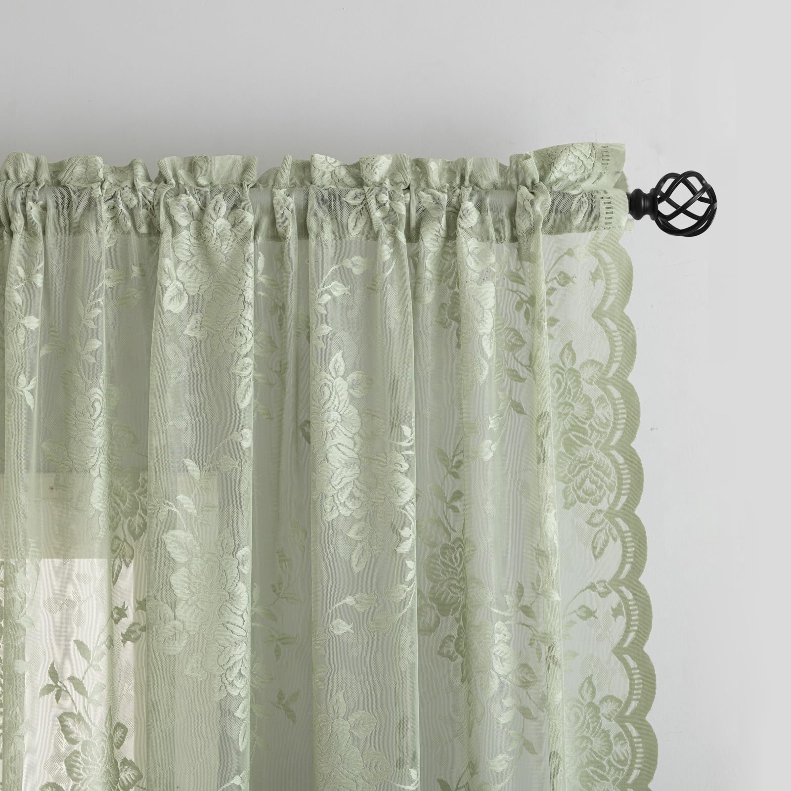 YJ YANJUN Sage Green Lace Curtains 84 inches Long Vintage Victorian Floral Sh…