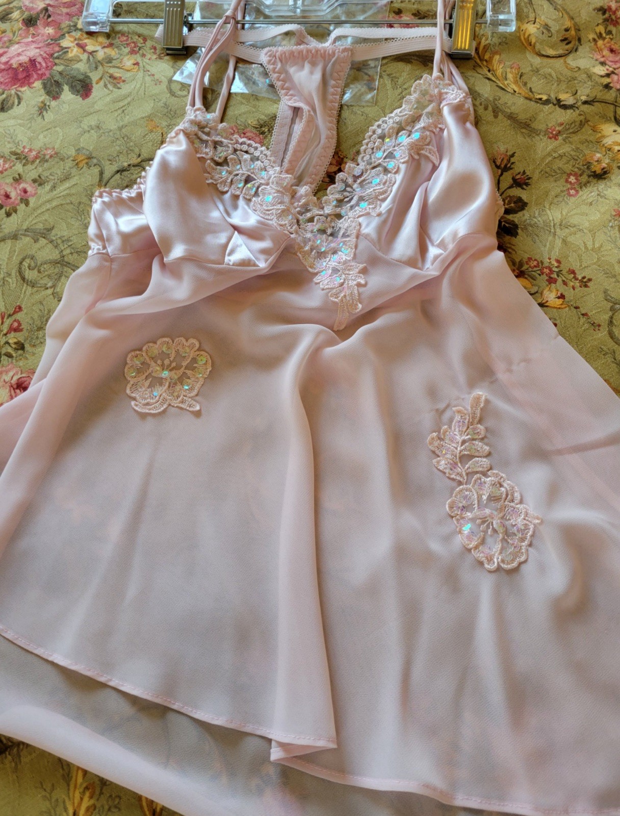 Vintage Frederick’s of Hollywood Pink Satin Lace Babydoll-Sheer Chiffon, NWOT,S