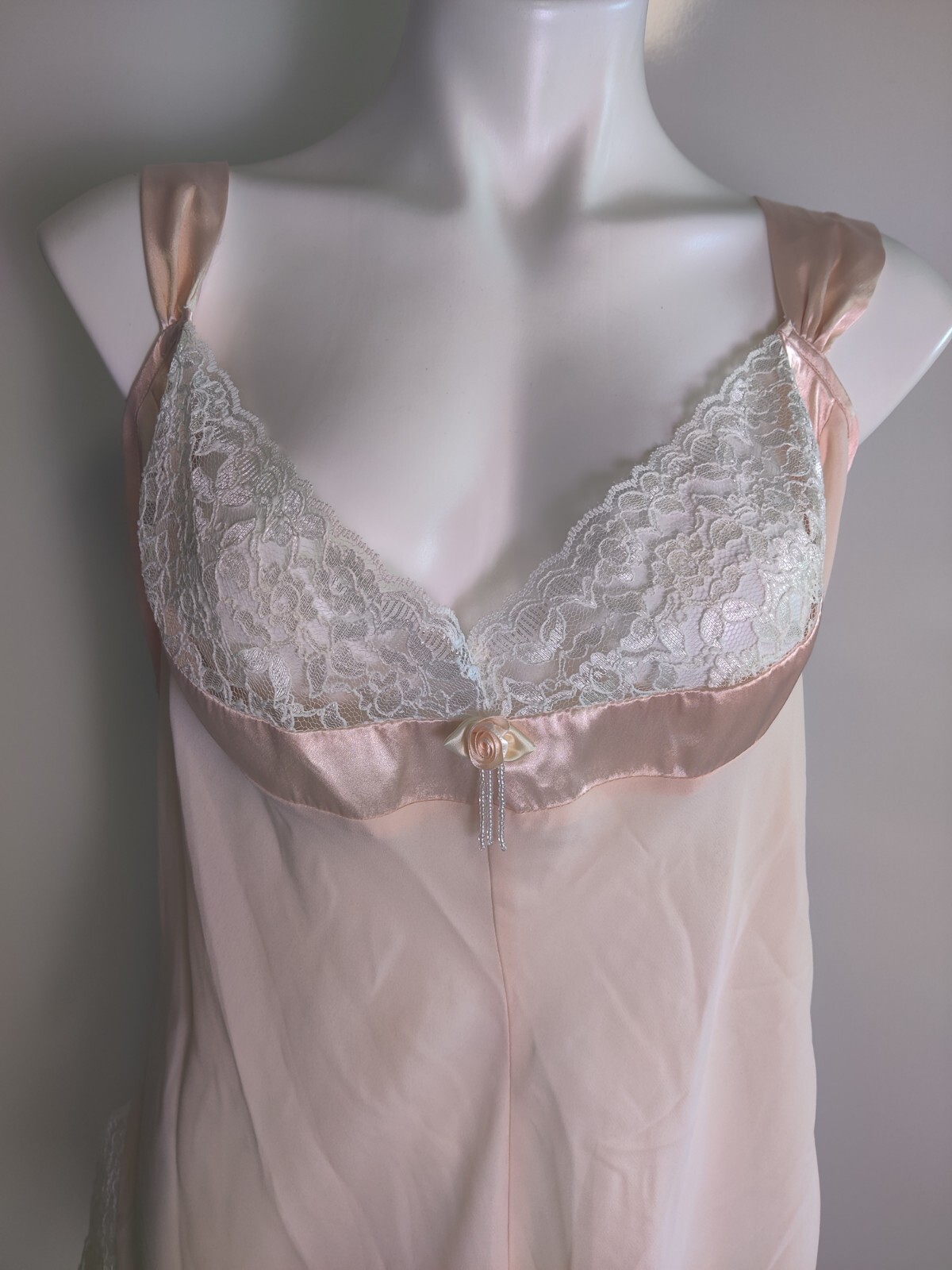Vintage Peachy Pink Lace Chiffon Teddy Bodysuit Romper Size 2X Snap Bottom EVC