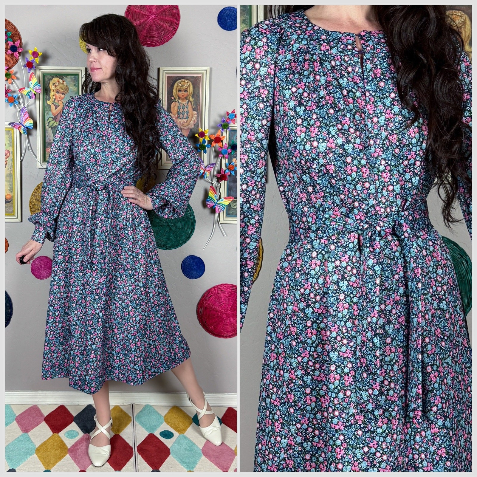 Vintage 1960s Blue and Pink Ditsy Floral Long Sleeve Belted Midi Dress | M/L