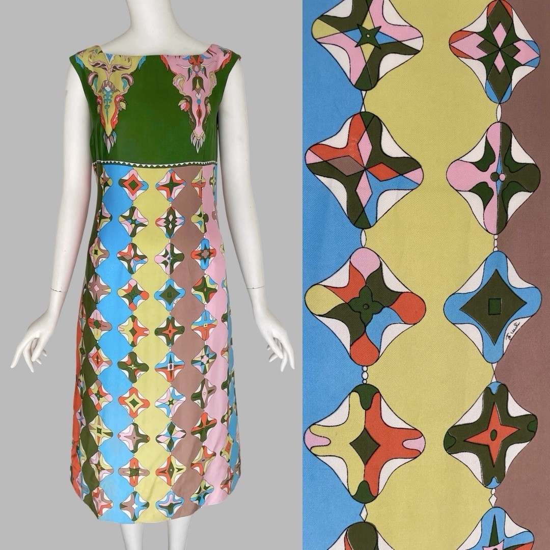 Emilio Pucci 1960s Vintage Silk Pastel Multicolor Print Square Neck Dress