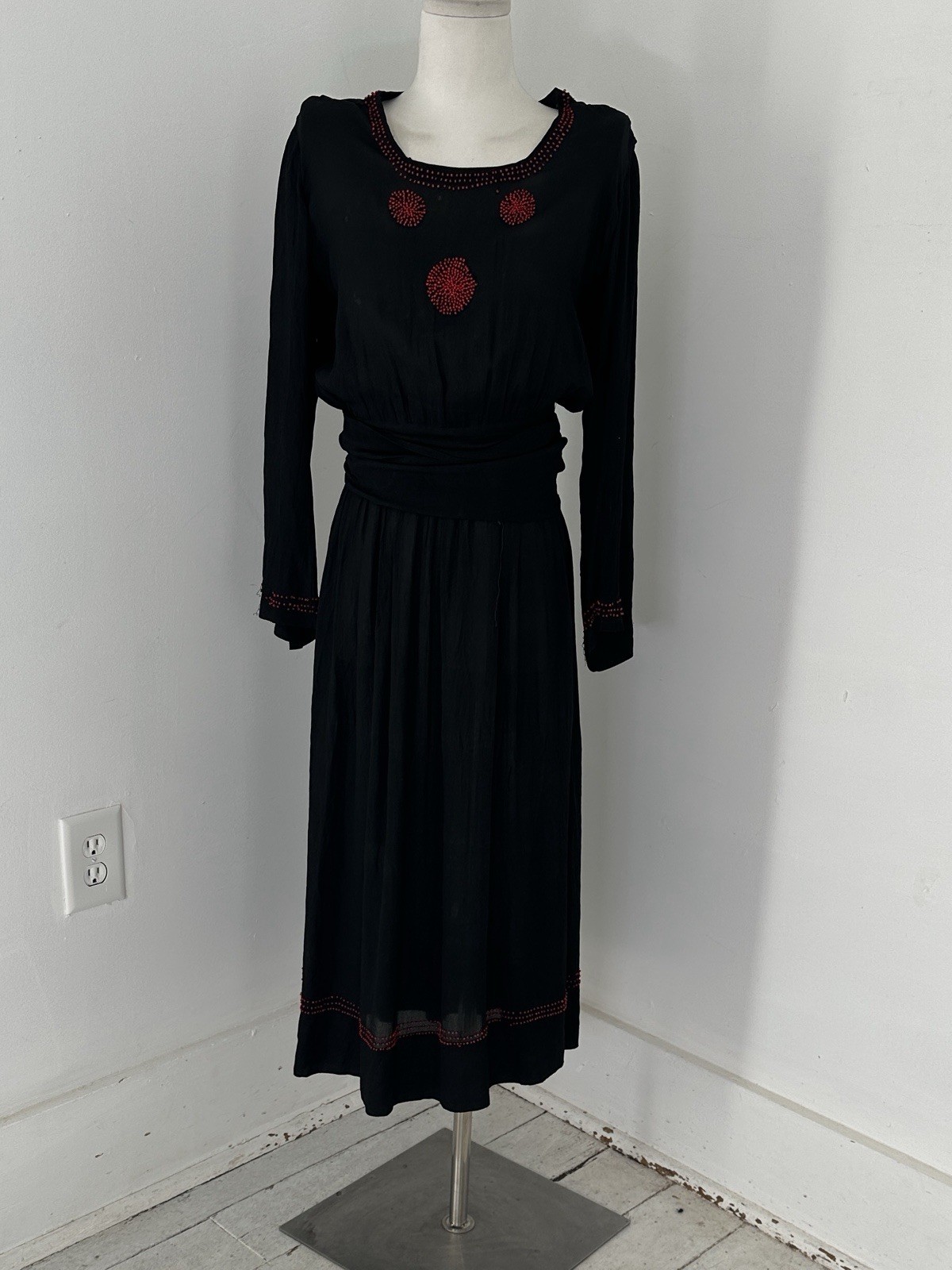 Antique Edwardian Black Silk Chiffon Beaded Dress