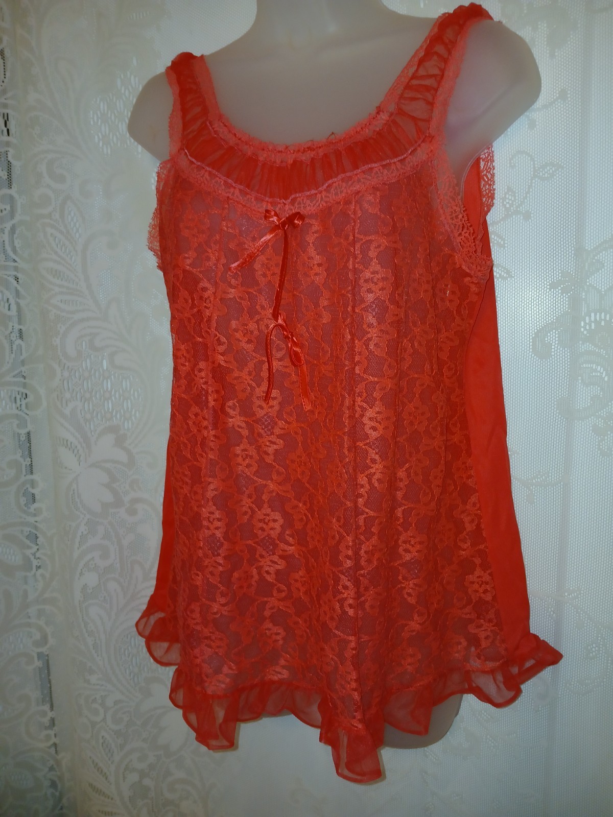 Vintage 50s Pink Nylon Chiffon Lace Ruffled Babydoll Nighty Lingerie S
