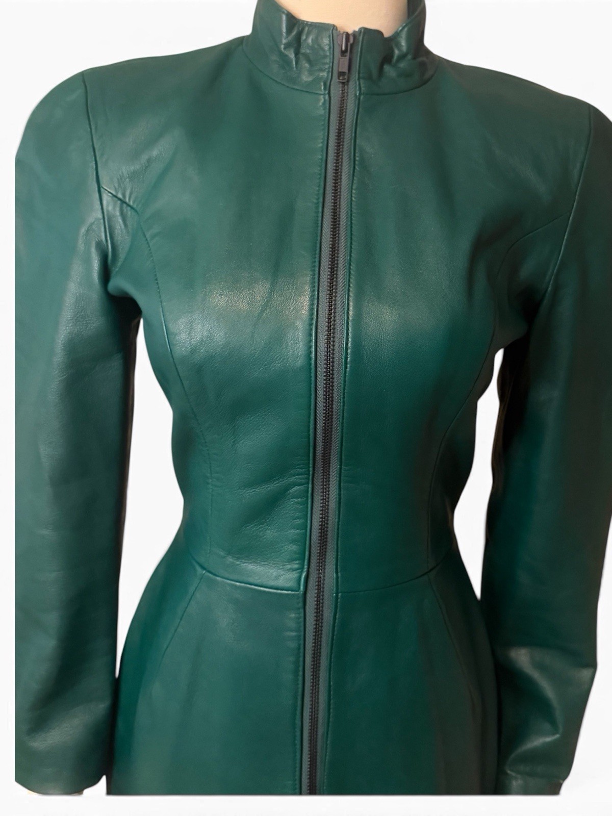 VTG Michael Hoban North Beach Green Leather Dress Front Zip S 2