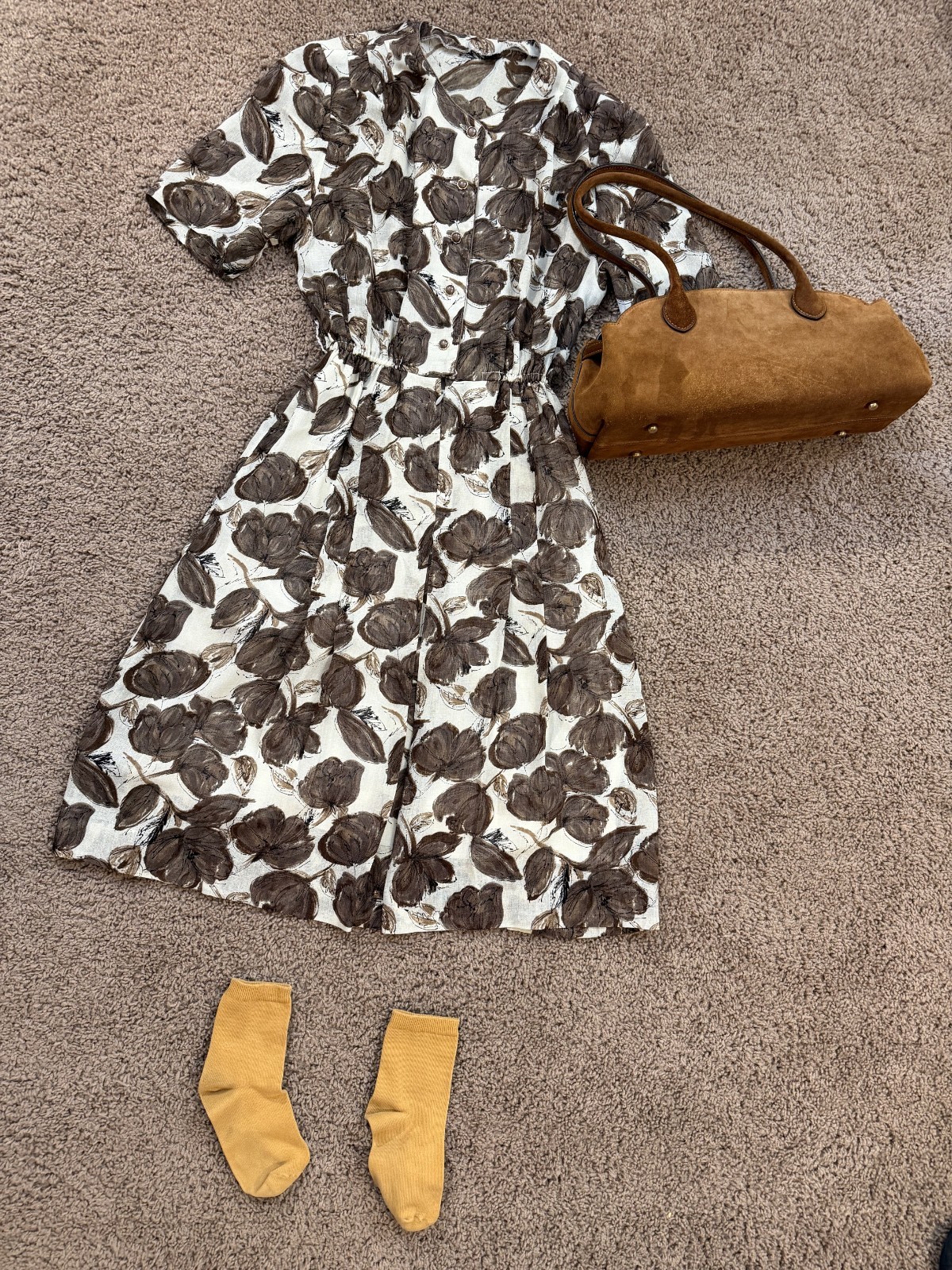 Vintage Japanese / Taiwanese Brown Floral Vintage Midi Dress 1980s