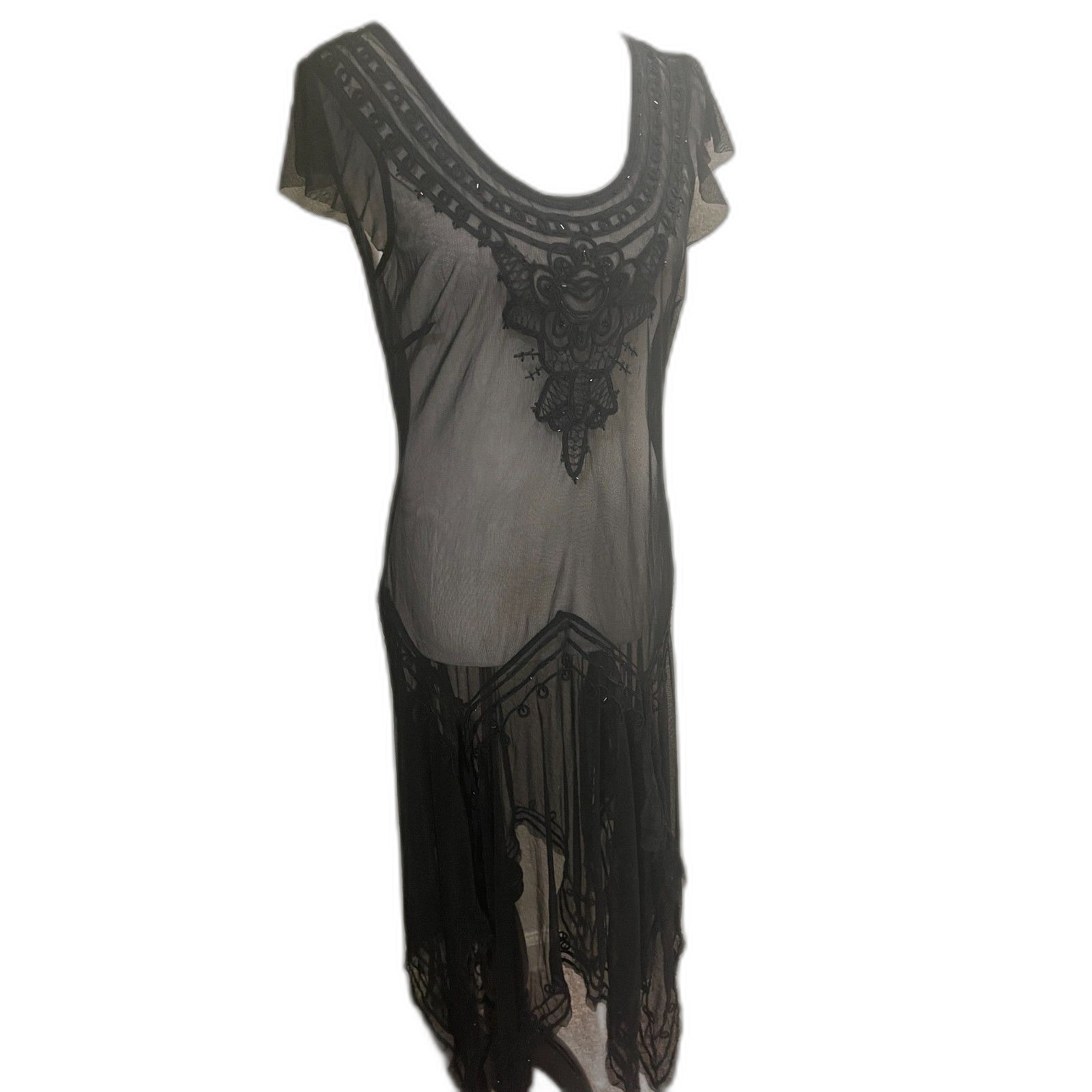 Antique 1920s Black Net Dress Hand Beaded & Sequins Flower Tiered Maxi vintage M