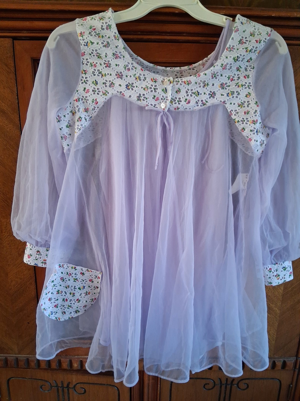 Vtg 70s VIOLET Sheer Nylon Chiffon Lingerie BABYDOLL Night GOWN Set SZ M-32 X 34