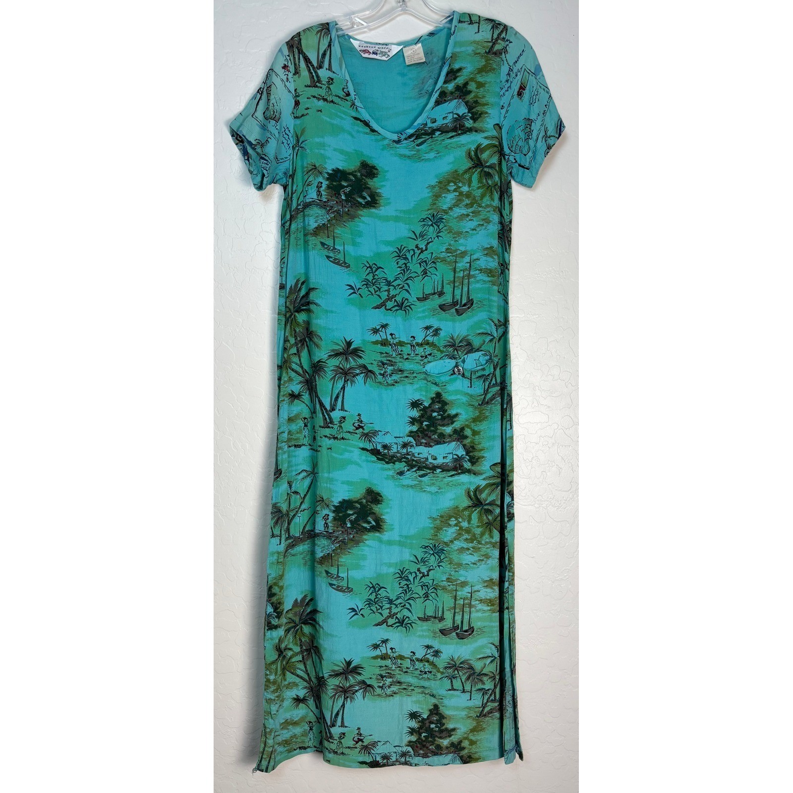 Vintage Weekend Traffic Teal Tropical Island Print Rayon Maxi Dress Sz S 2159
