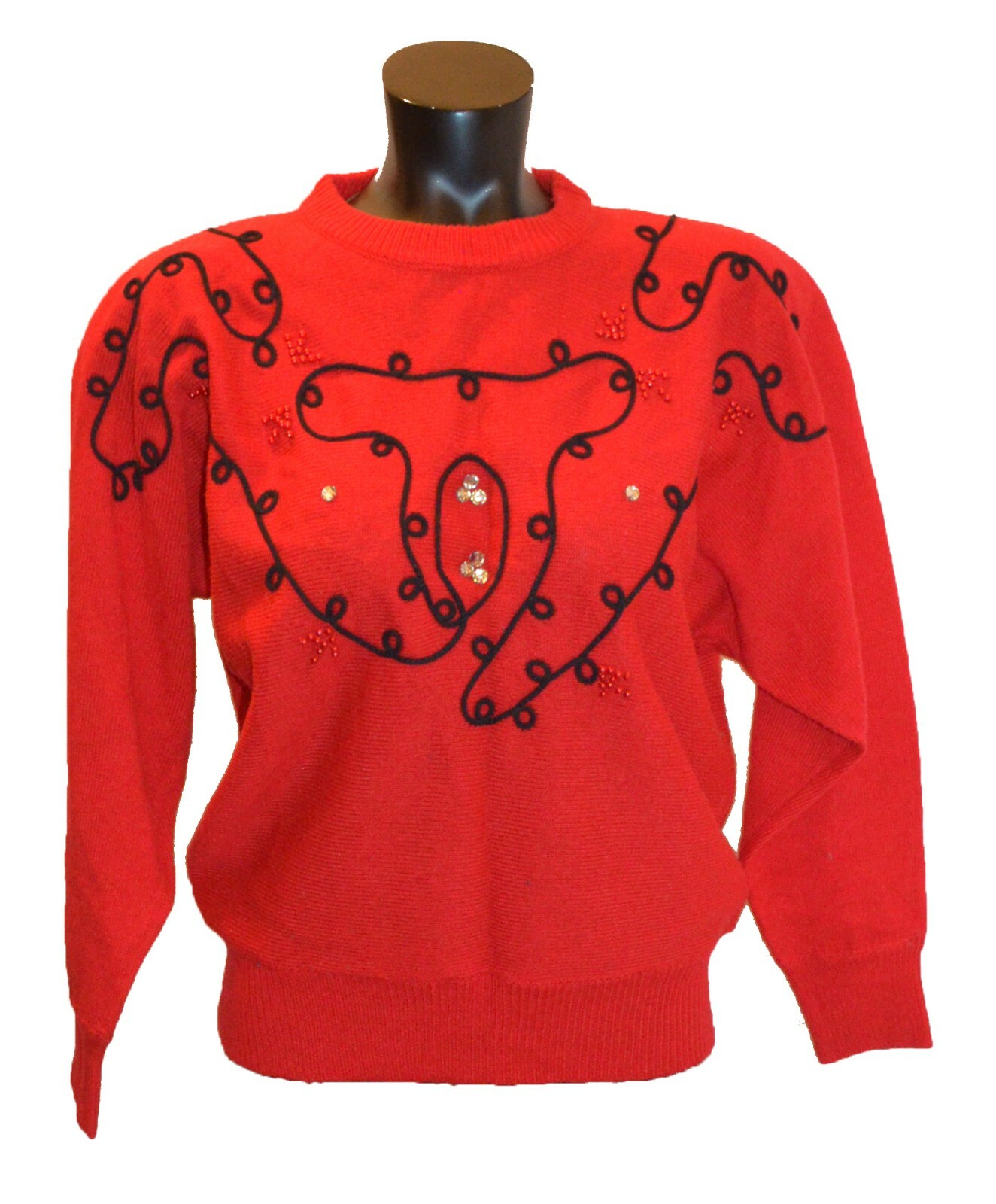 Beautifully Mine Vintage 80s Red & Black Rhinestone Funky Sweater sz M