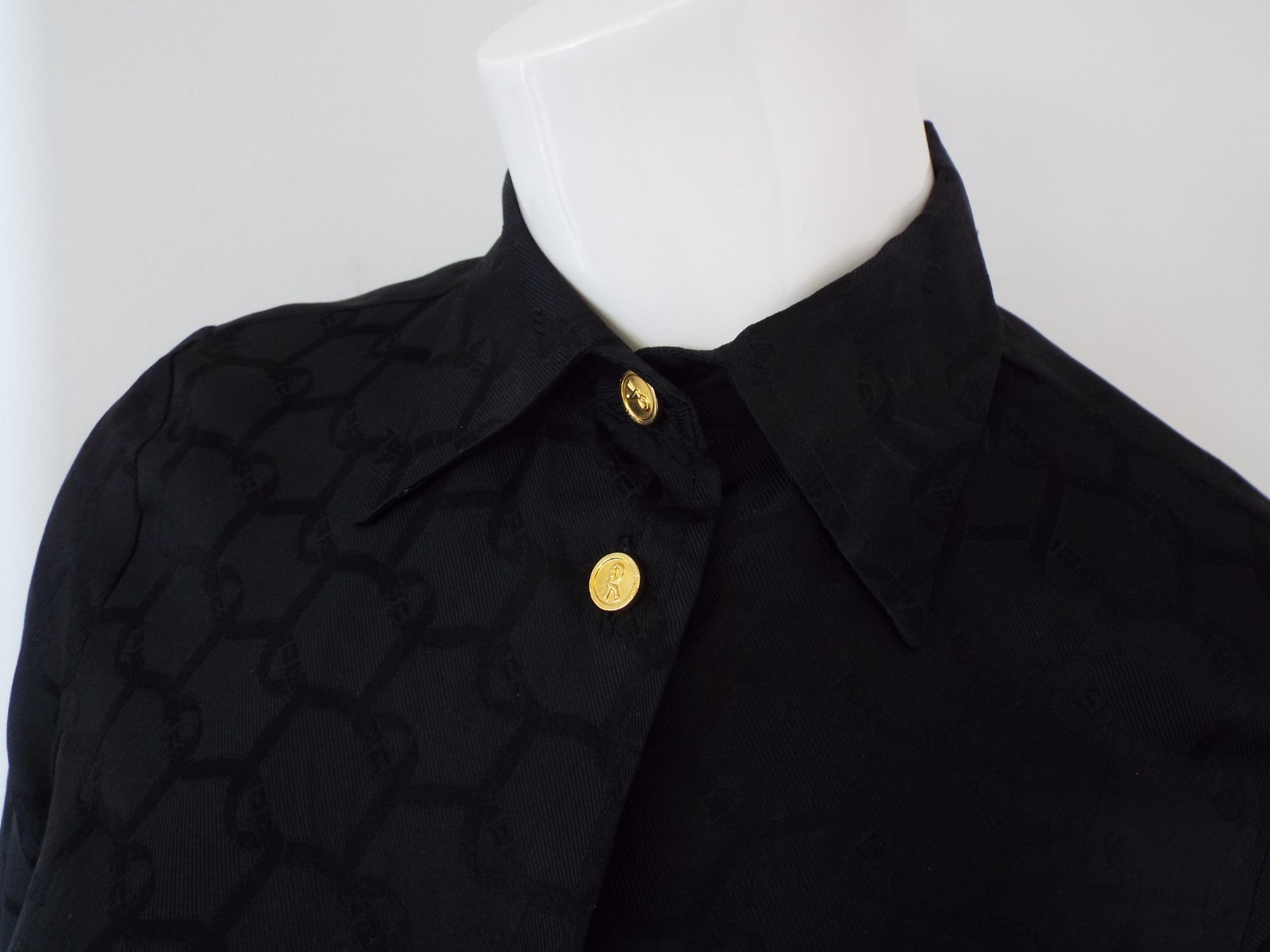 Vintage Roberta di Camerino Black Silk Blouse Shirt XS 6 Belt Logo Gold Buttons