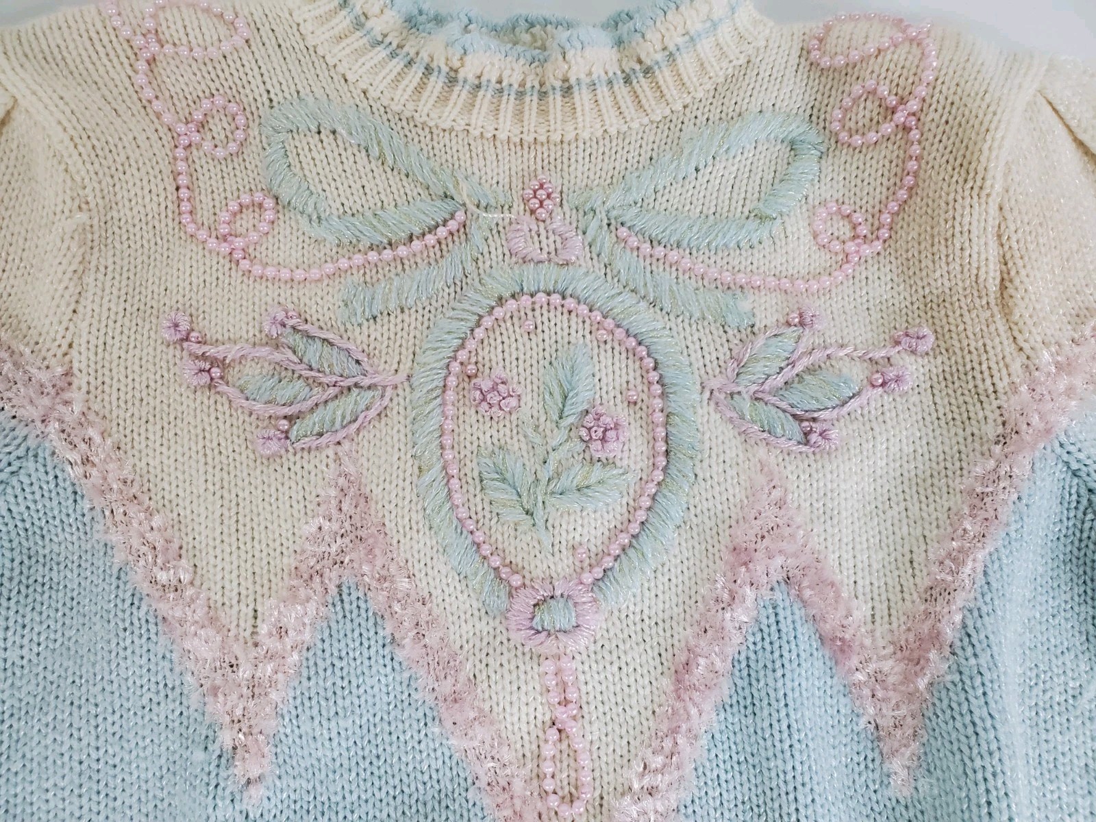 Jaclyn Smith Vintage Sweater Chunky Beaded 80’s White Blue Pink LARGE