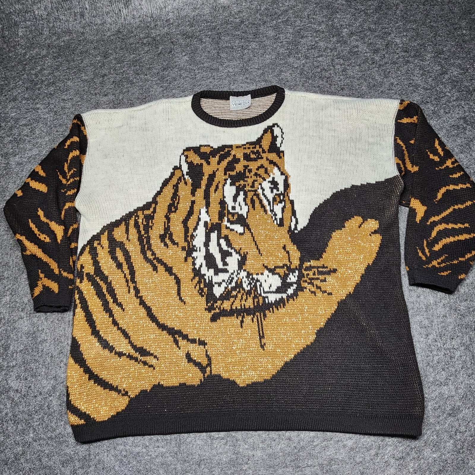 Venezia Vintage Glitter Yarn Tiger Body Animal Print Sweater Womens XL