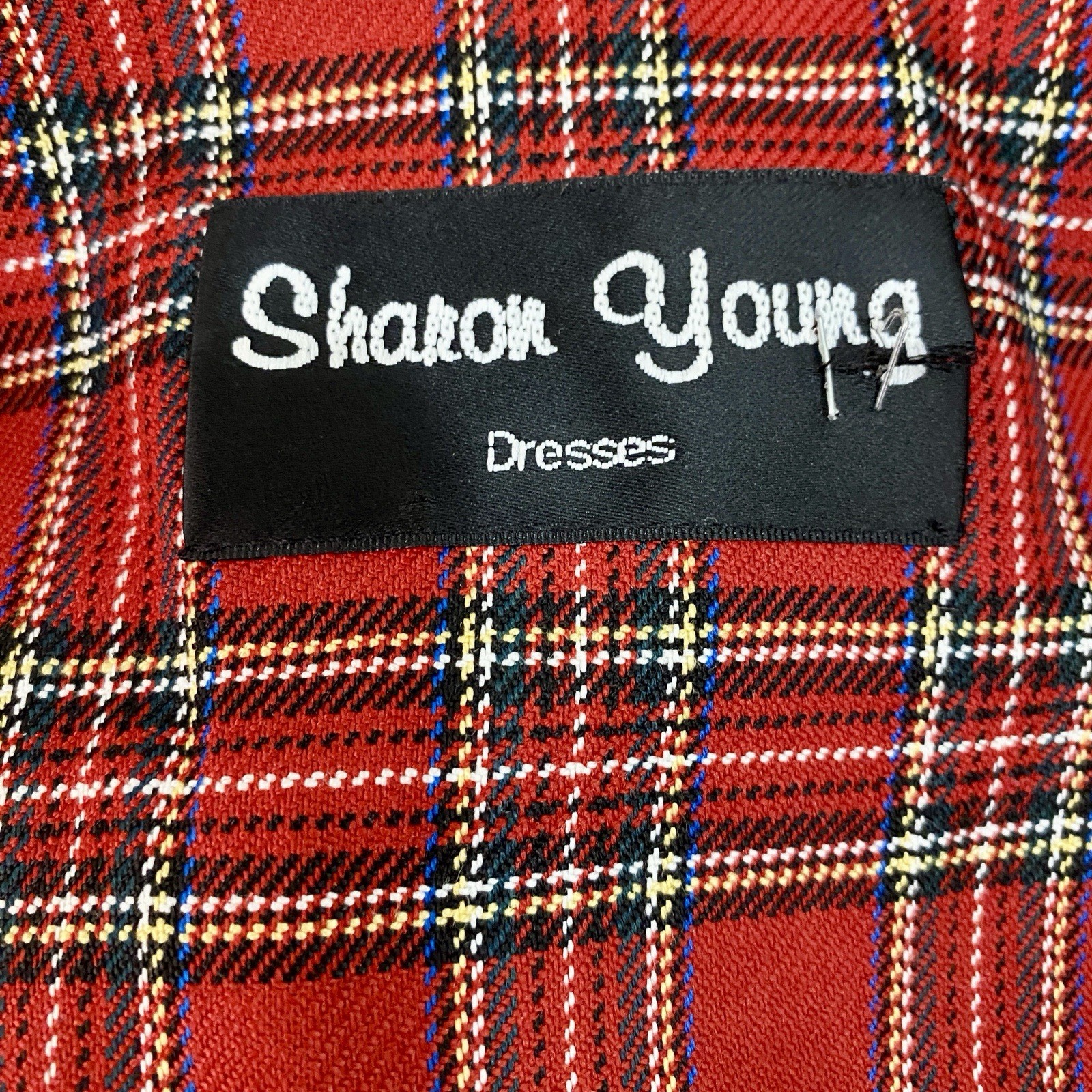 Vintage Sharon Young Plaid Dress Velvet Trim Mock Pockets Unlined Cute Buttons