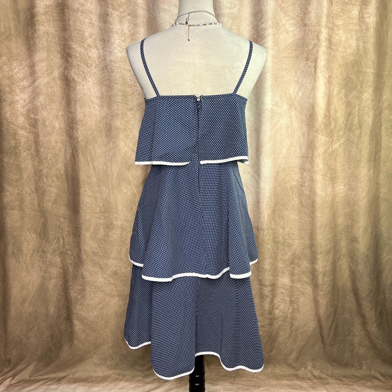 Vintage 70s Paper Moon by Yvette Tiered Layered Polka Dot Midi Dress Blue Beach