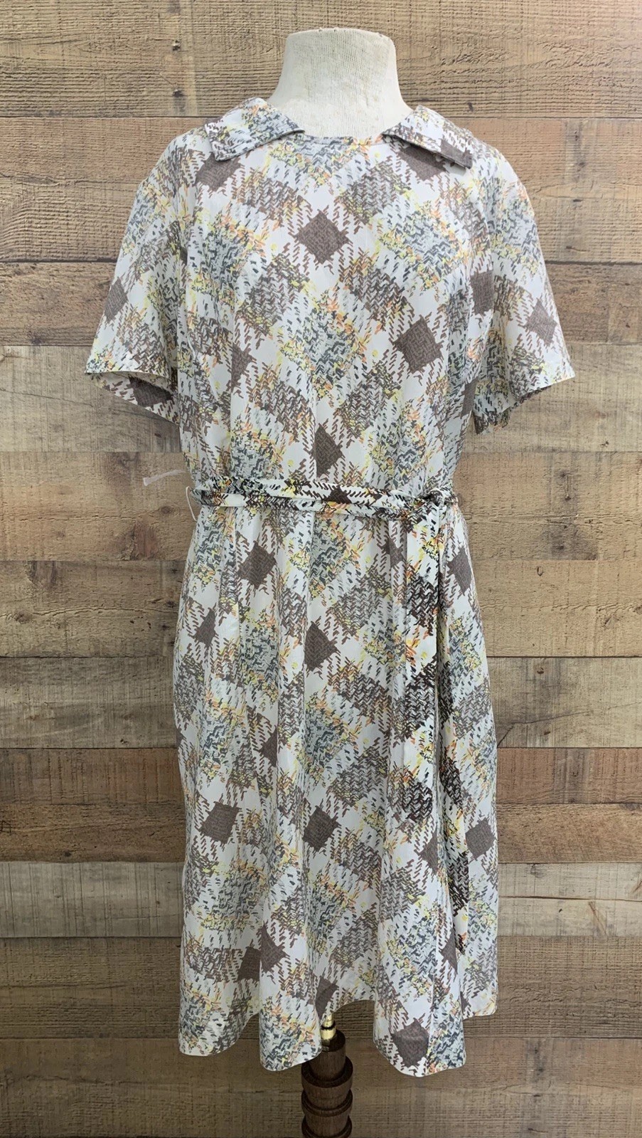 Vintage 1960s 1970s Mod Geometric Belted Dress 48”Bust /44” Waist