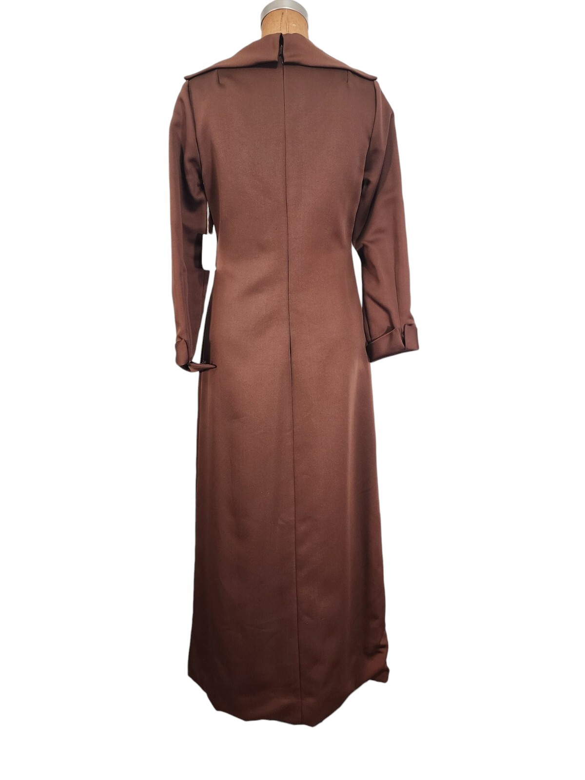 Vtg 70s Maxi Dress M Open Collar Scoop Neck Long Tailored Brown Cocoa Long Gown