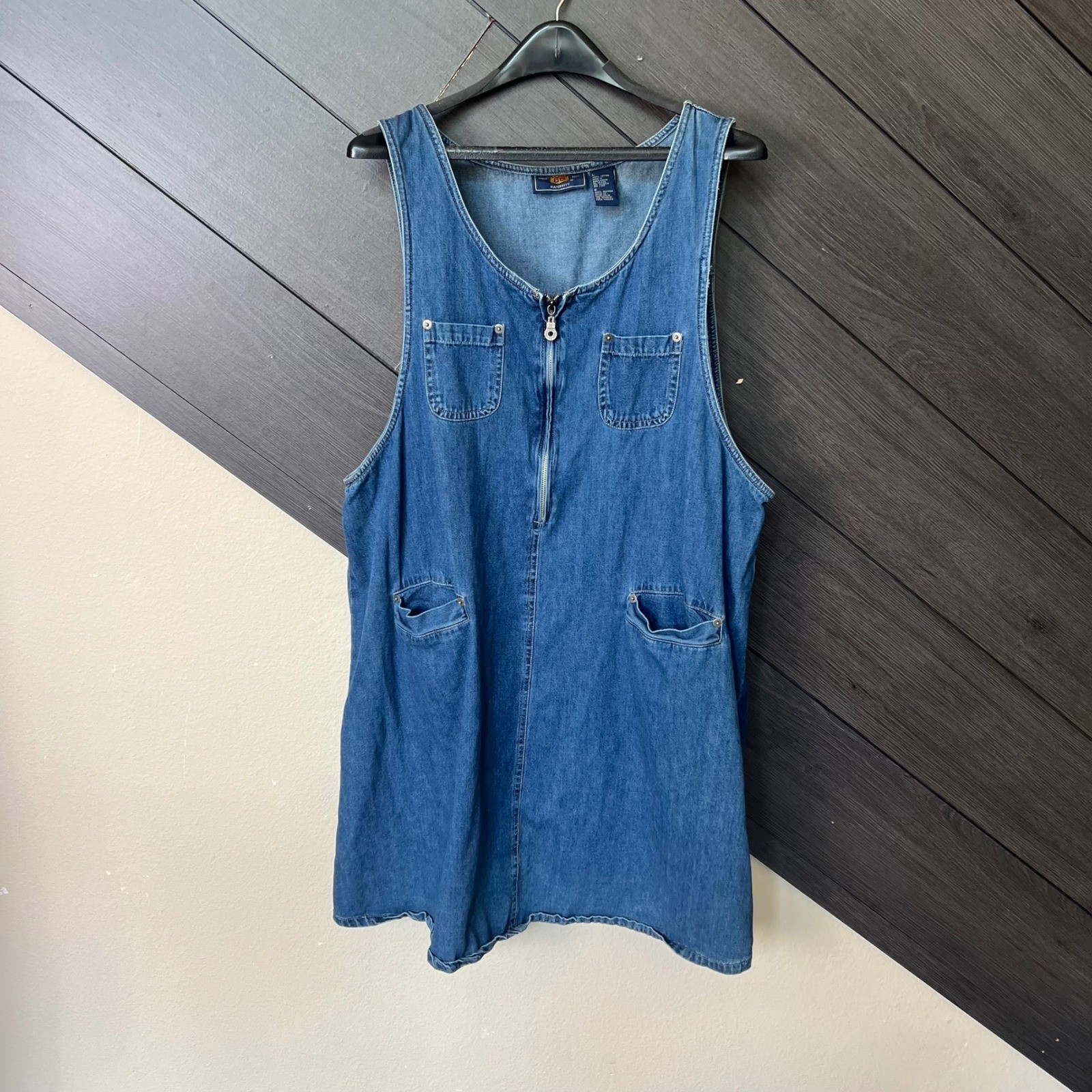 Route 66 Maternity Denim Sleeveless Dress Jumper Zip Front Pockets Size L Y2K