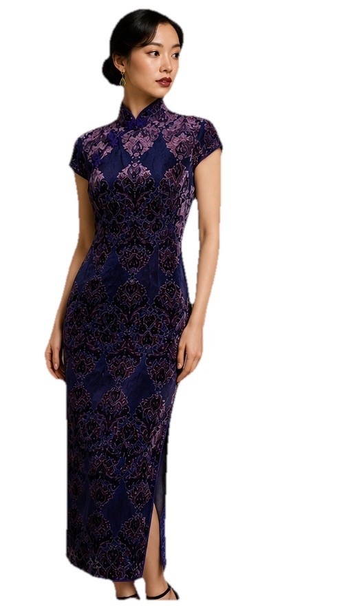 Vintage Bespoke Chinese Cheongsam Blue / Purple Burnout Velvet Qipao Dress S