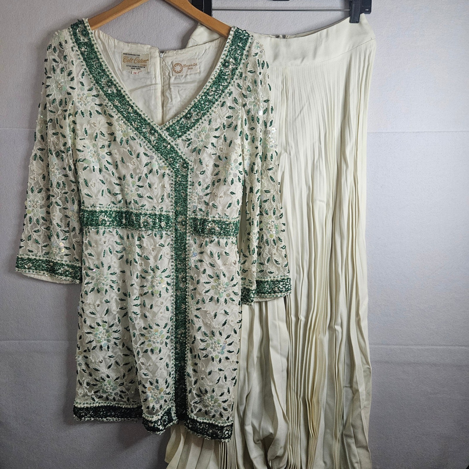 Vintage 60s Colt Orient Beaded Lace Tunic and Pleated Maxi Skirt Set Cream Green