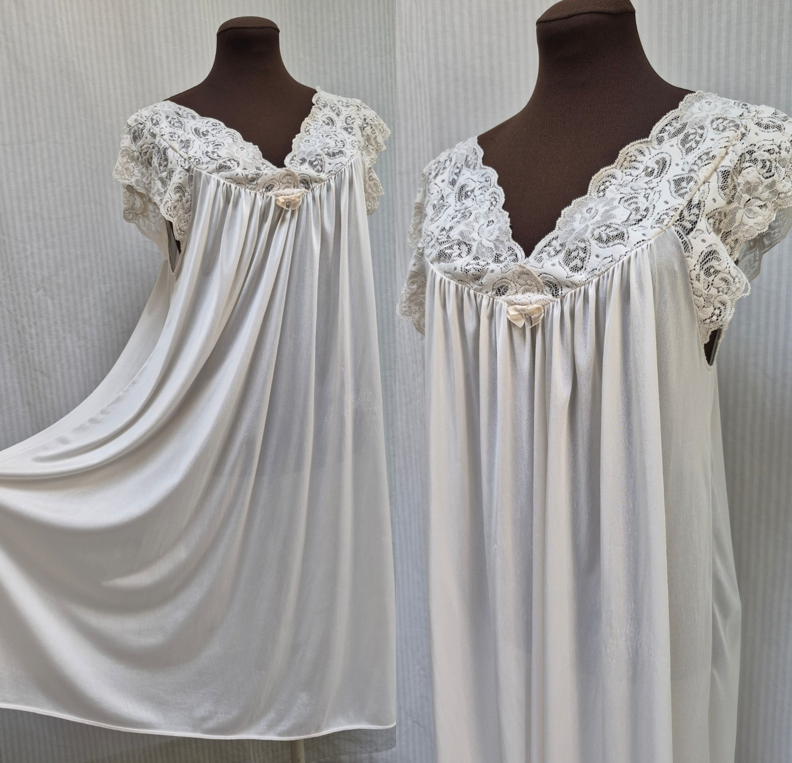 Vintage Ivory Silky Nylon & Lace Nightgown Nightie – Size L