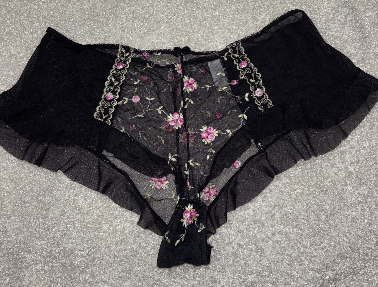 Vintage Secret Treasure Boy Short Black Panty Lace Floral Embroidery #4466