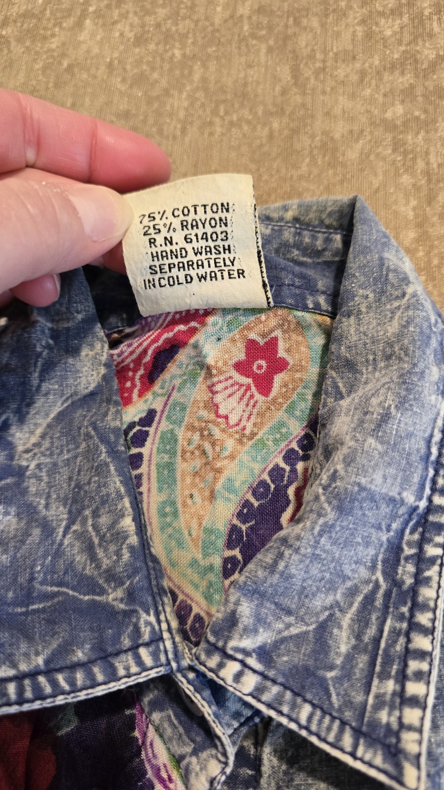 Vintage Something Different Button Down Top Shirt Floral Denim Pattern Size M