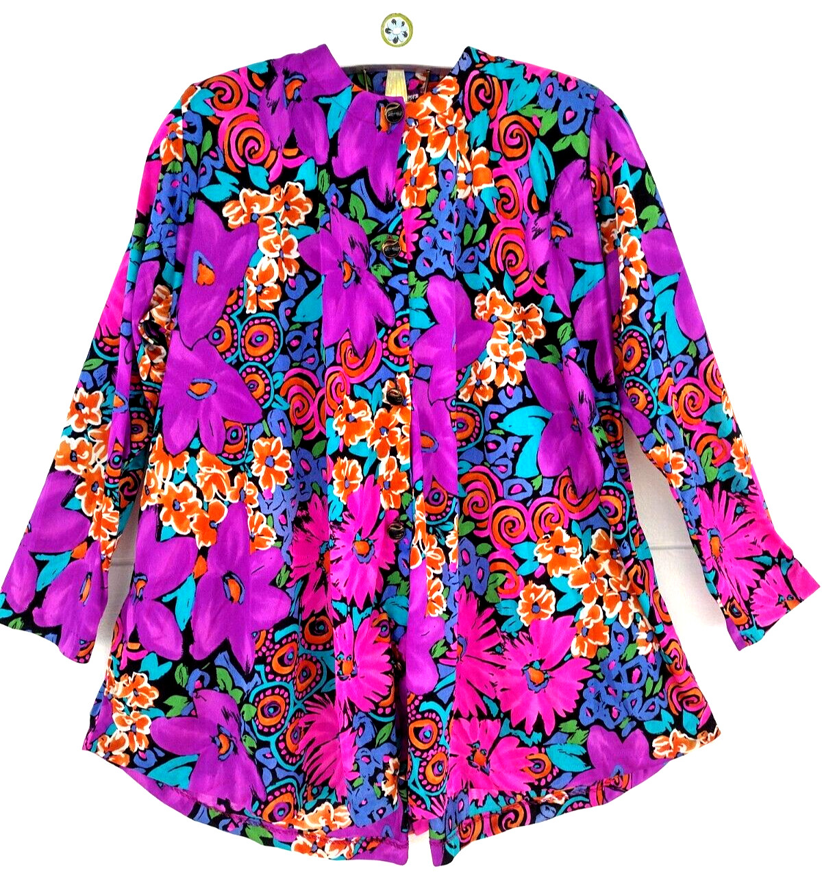 Vtg 80’s Psychedelic Floral A-line Top Sz S by De Weese Long S Cover-up Pockets