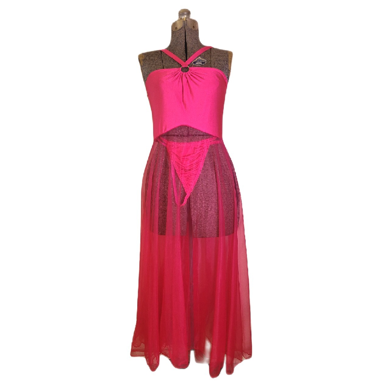 Vintage 90s Y2K Deadstock Plus Size Maxi Lingerie Halter Dress Hot Pink 1x/2x