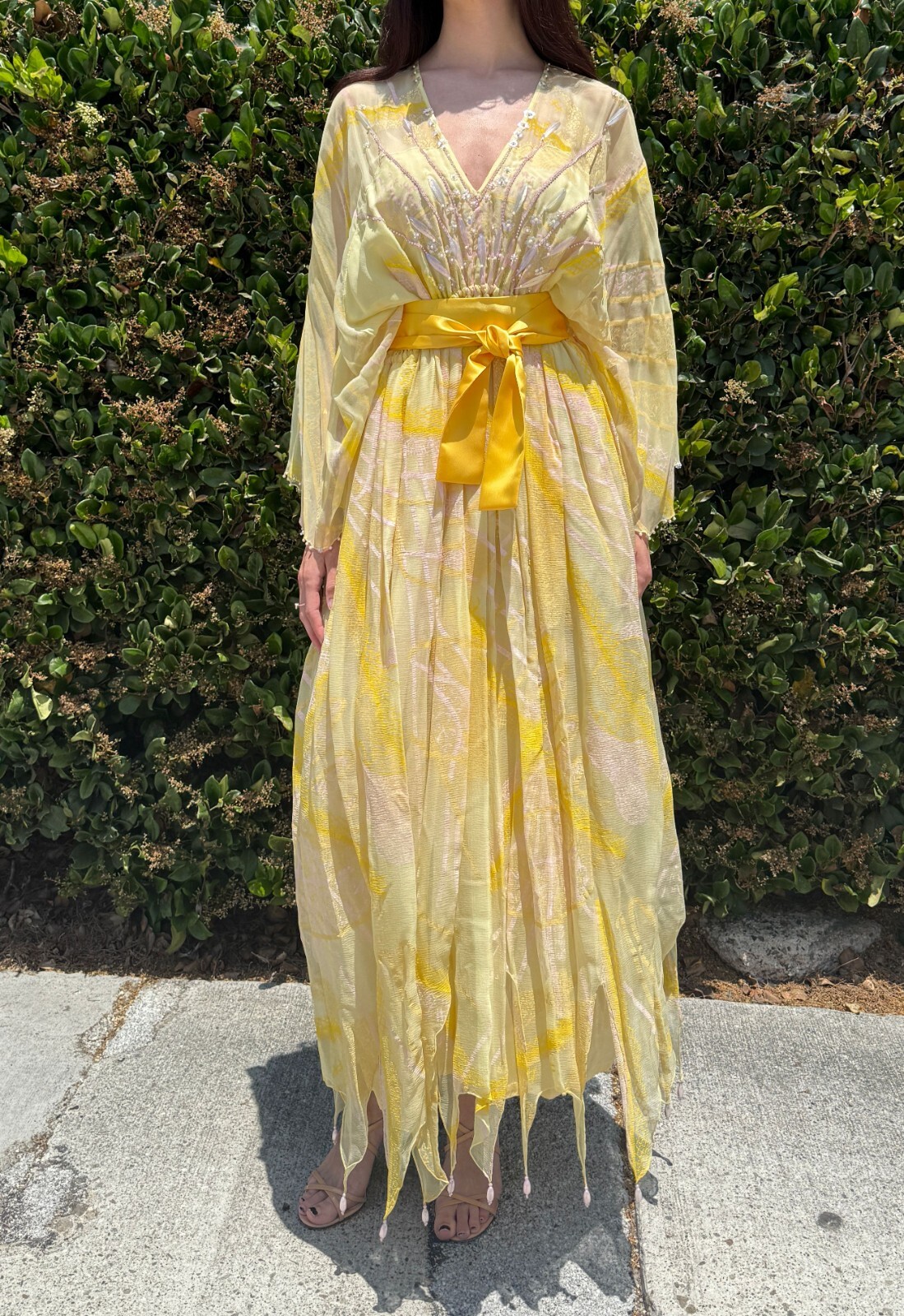 Vintage ZANDRA RHODES Iconic Silk Chiffon Gown 6 Yellow Hand Painted 1970’s Midi