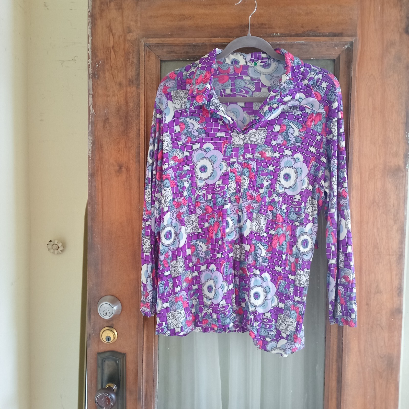 Vintage 70s Purple Pink Abstract Blouse Top Mod Hippie GoGo Boho S/M