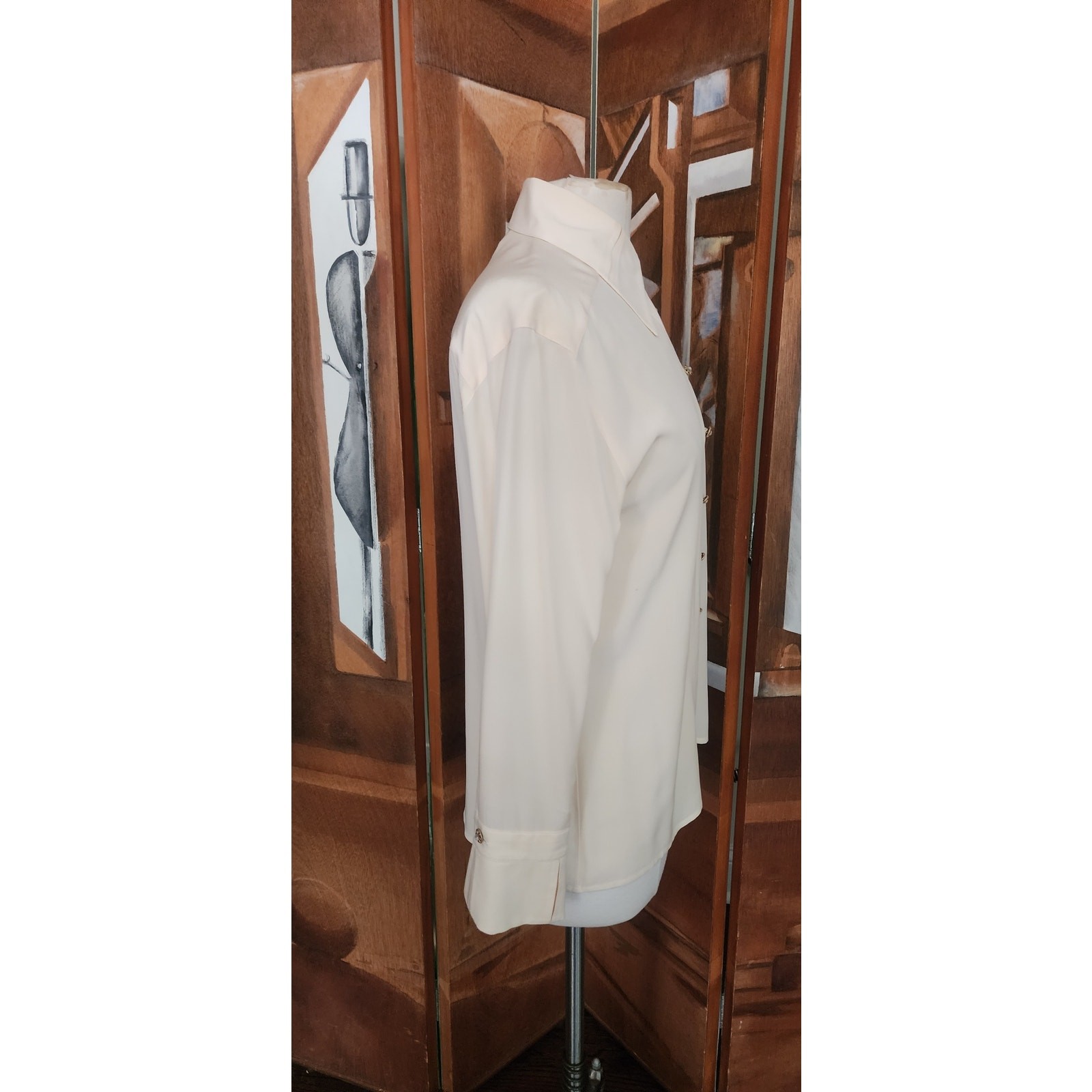 Vintage 1980s Karl Lagerfeld Blouse Cream Silk Shirt Asymmetric Button Down Med