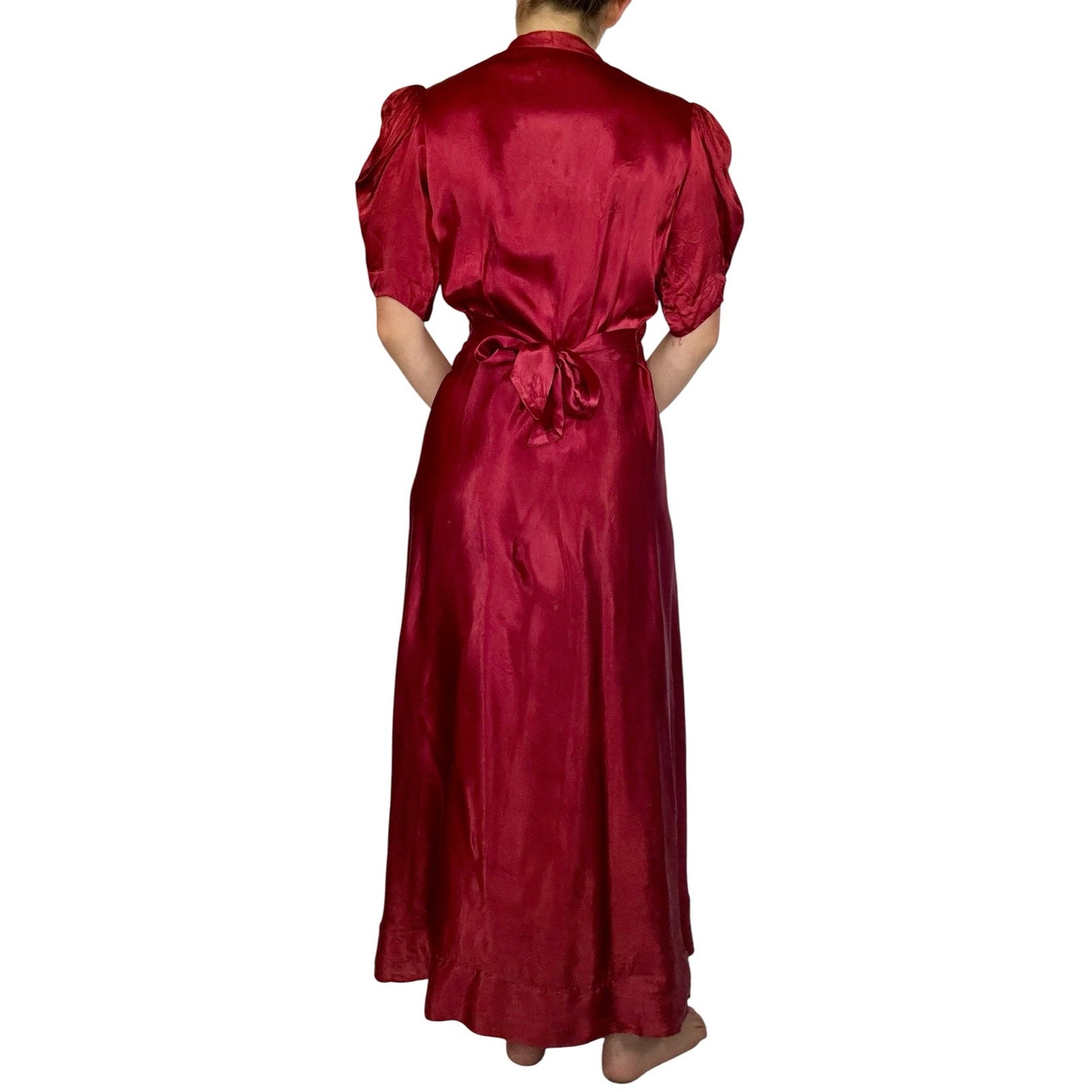 Vintage 1930s Liquid Satin Gown Quilted Floral Bias Cut Maroon Lounge Dress Gown