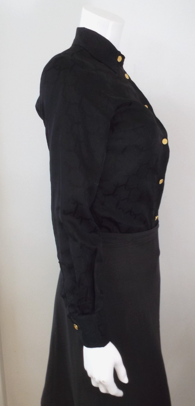 Vintage Roberta di Camerino Black Silk Blouse Shirt XS 6 Belt Logo Gold Buttons