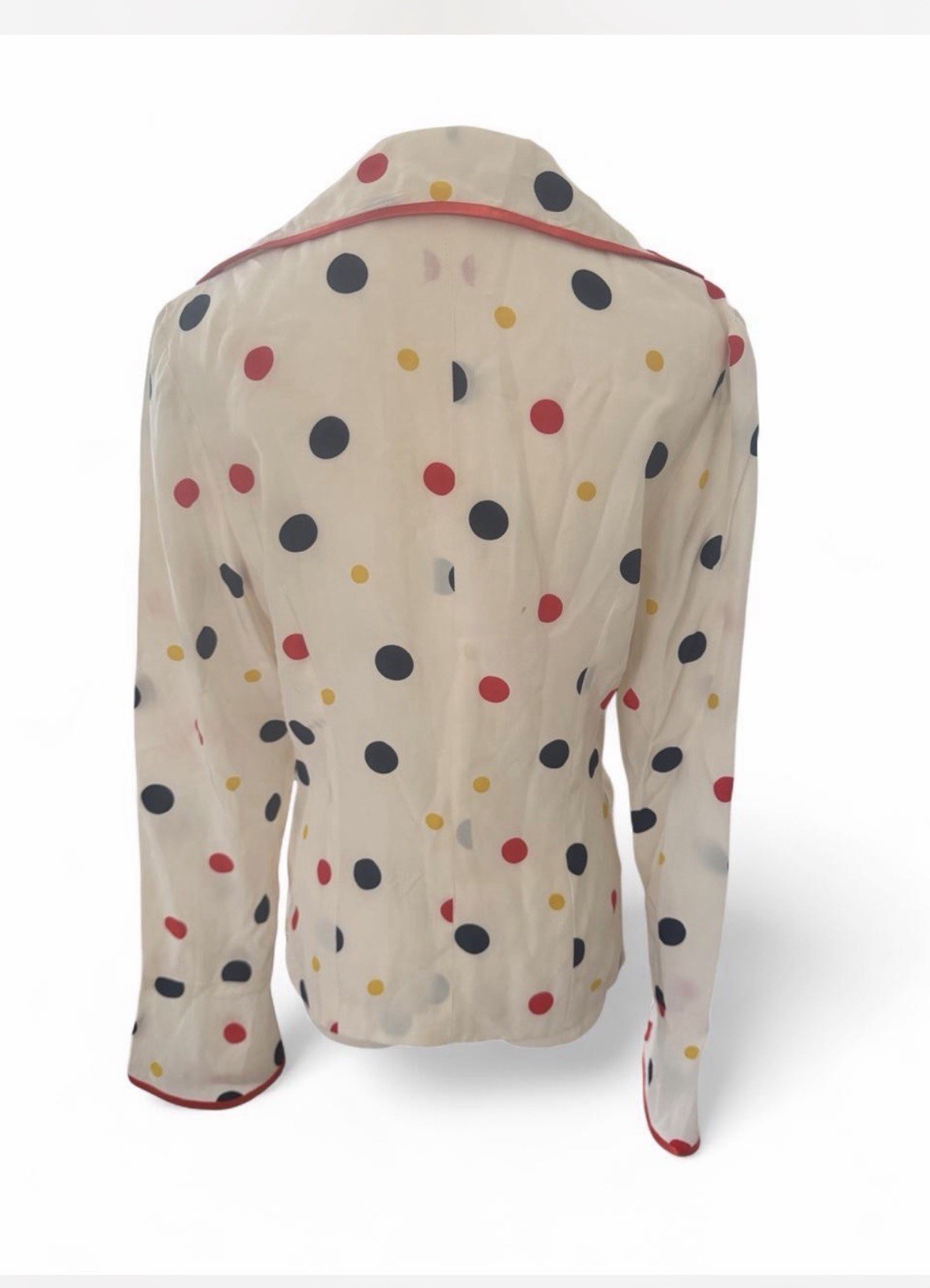 Vintage 1970s–80s Silk Polka Dot Blouse | Bell Sleeves & Ribbon Trim