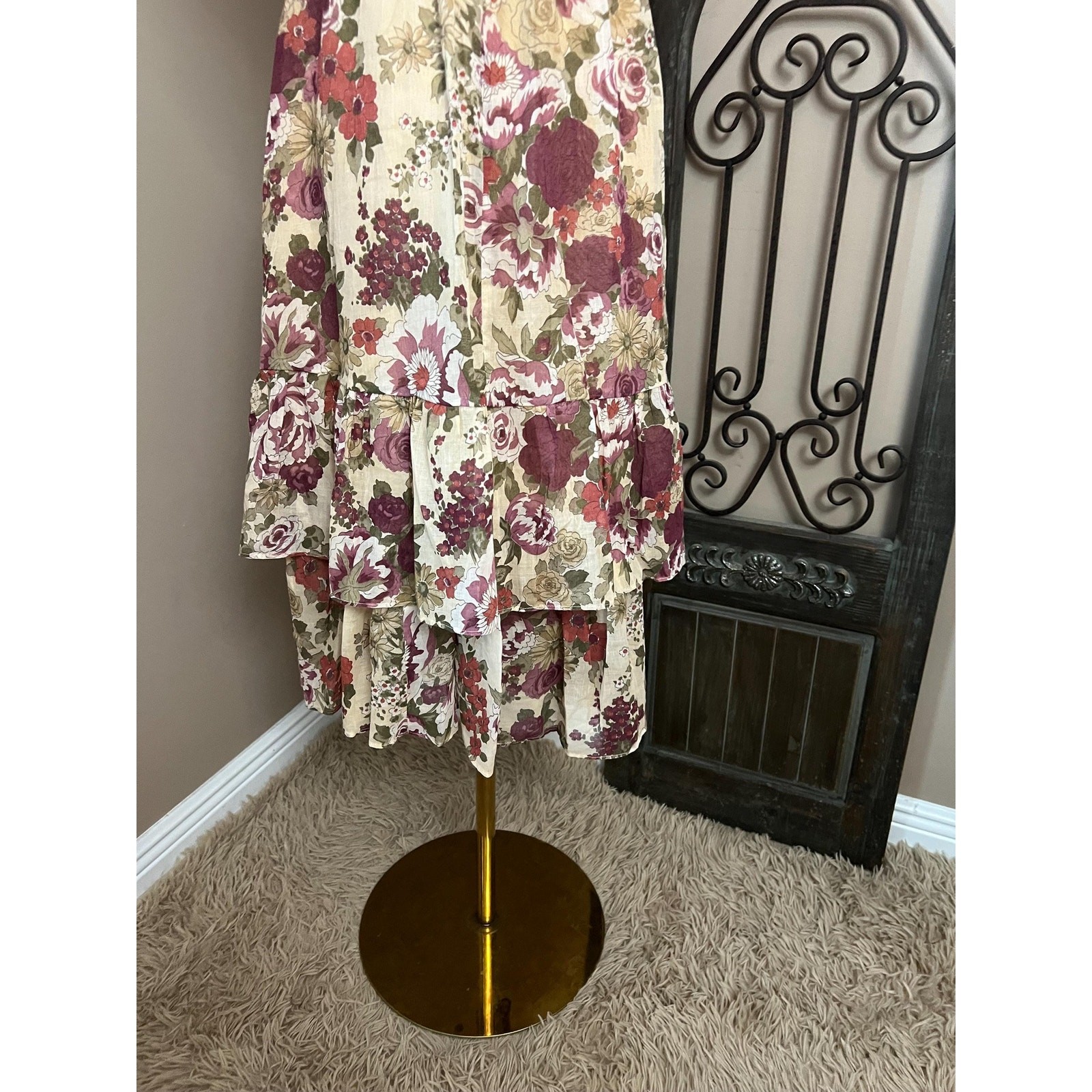 Vintage 70s Earthy Floral Off Shoulder Dress Retro Boho Cottagecore Size Medium