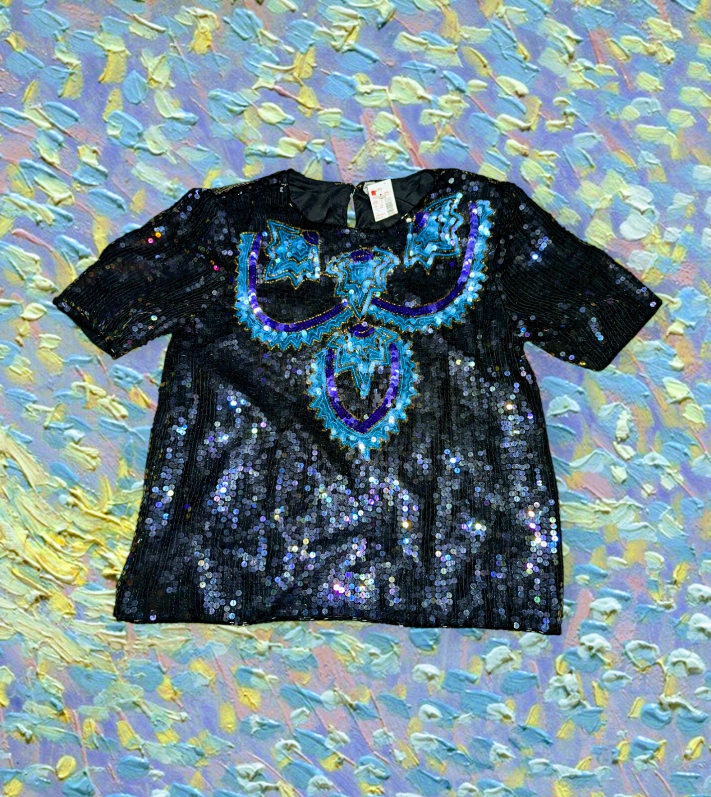 NWT Hill’s 100% SILK GLAM ROCK Top 80’s Grunge SEQUIN Black Green Women’s Small
