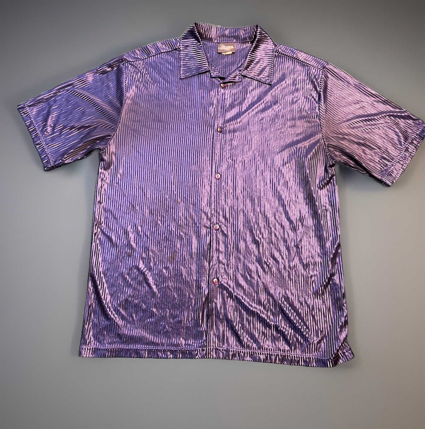 VTG USA Made Shiny Sheer Satin Button Shirt L Blue Y2K Rave Disco Party Top