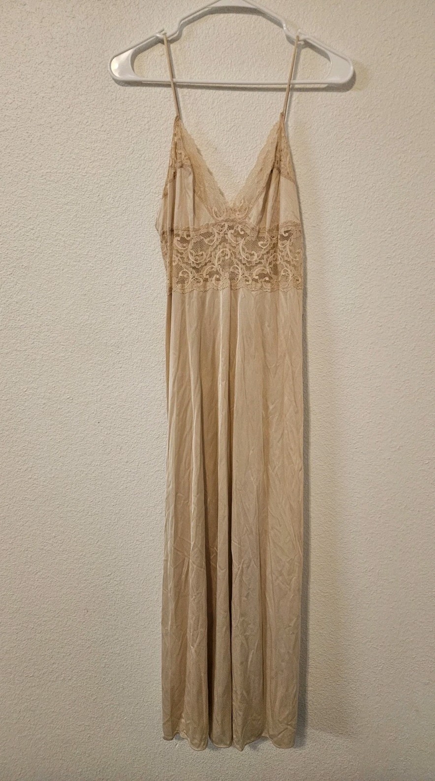 ​VTG 70s Maidenform Dreamwear Peignoir Set M Tan Beige Nylon Lace Robe Gown USA
