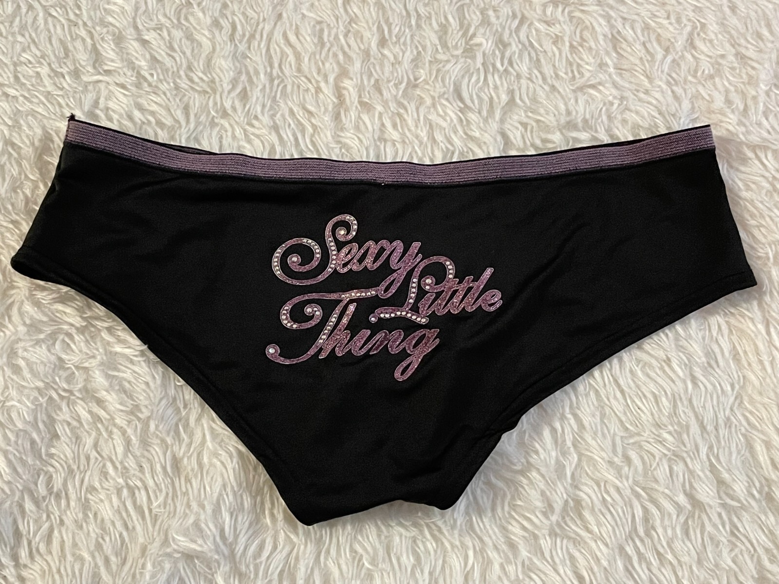 XS Vtg VICTORIA’S SECRET Sexy Little Thing RHINESTONE Panty Black Pink Glitter
