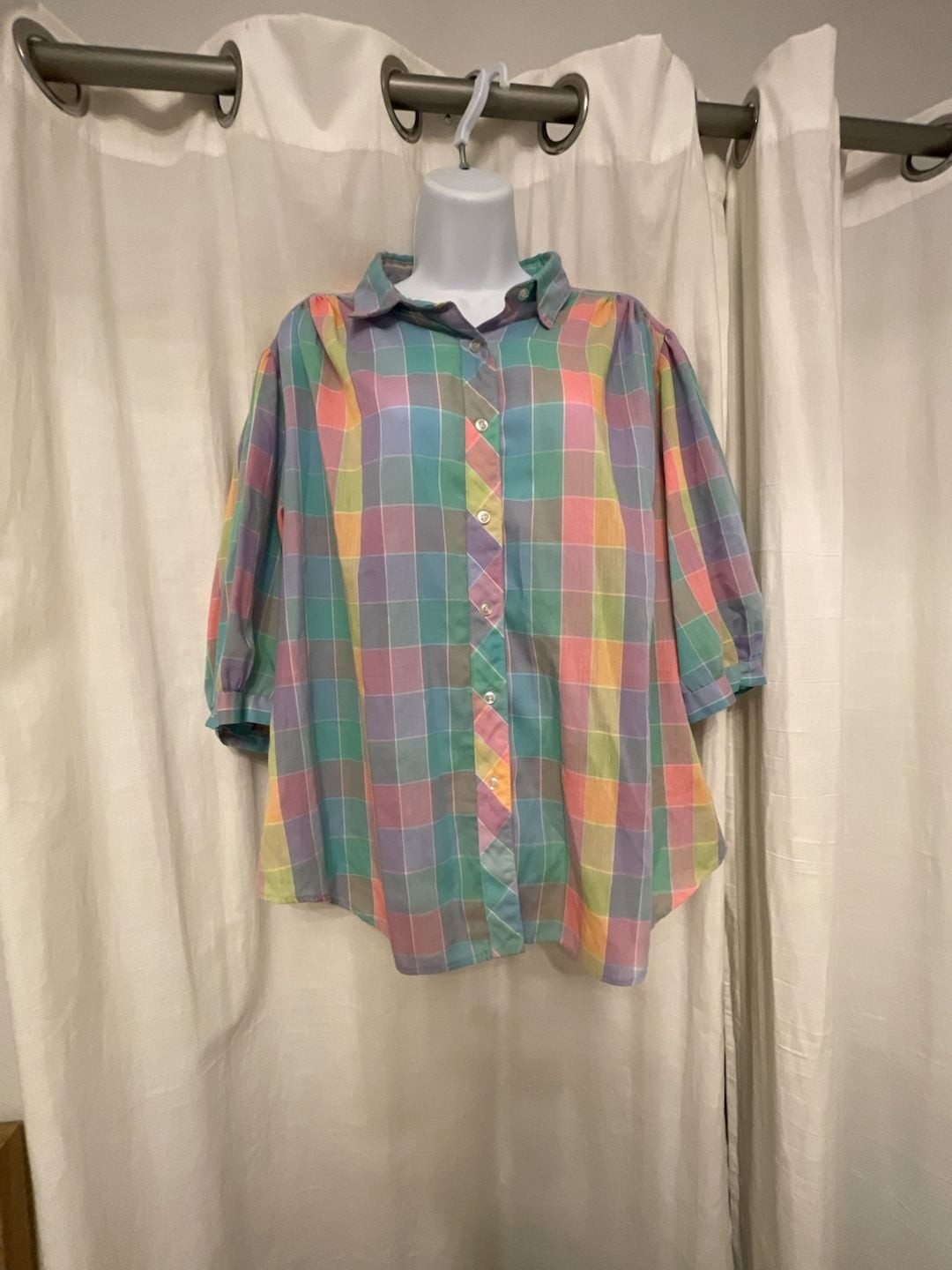 Vintage JCPenney Fashions Pastel Rainbow Plaid Balloon Sleeve BlouseGrandma