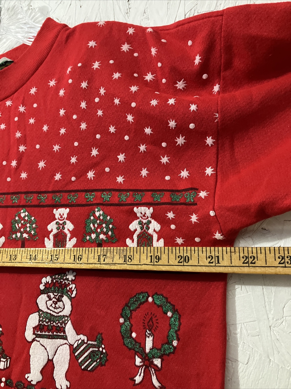 Vintage Sky Lite 80s Red Teddy Bear Christmas Crewneck Sweater Glitter Size M